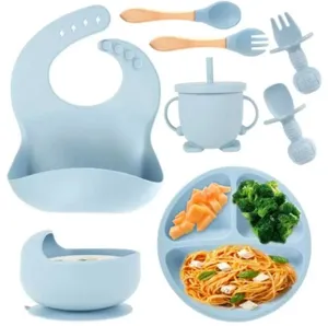 Baby Feeding Set, 8 Pcs Silicone Baby Led Weaning Supplies Includes Cup Baby Plate, Bowl, Adjustable Bib, Cup, Spoon and Fork,BPA Free Baby Weaning Ut