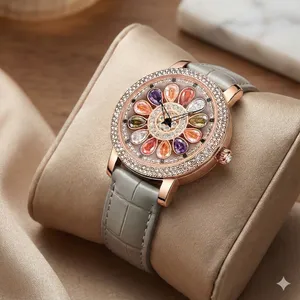 Rotating Flower Dial Fashion Analog PU Leather Wrist Watch