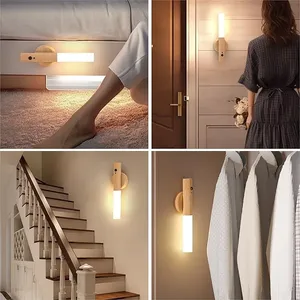 Wooden Motion Sensor LED Wall Light ΓÇô USB Rechargeable Wireless Night Light