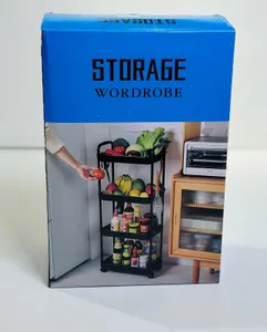 Four-tier rolling storage cart, often used in kitchens or bathrooms for organization